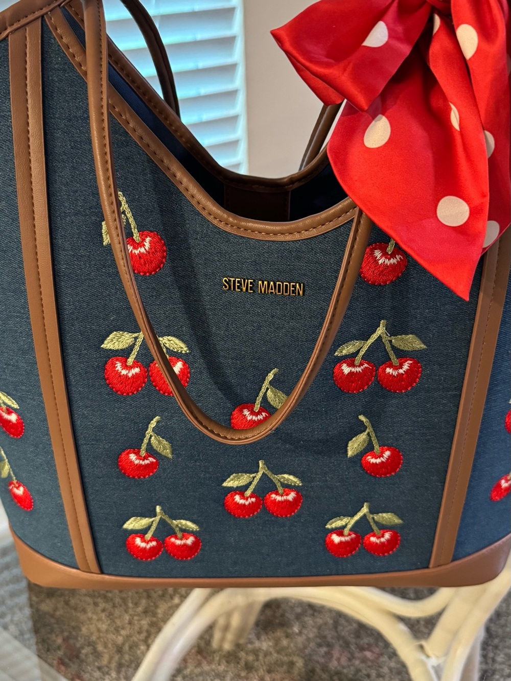 Steve Madden Denim Cherry Embroidered Tote with Brown Trim